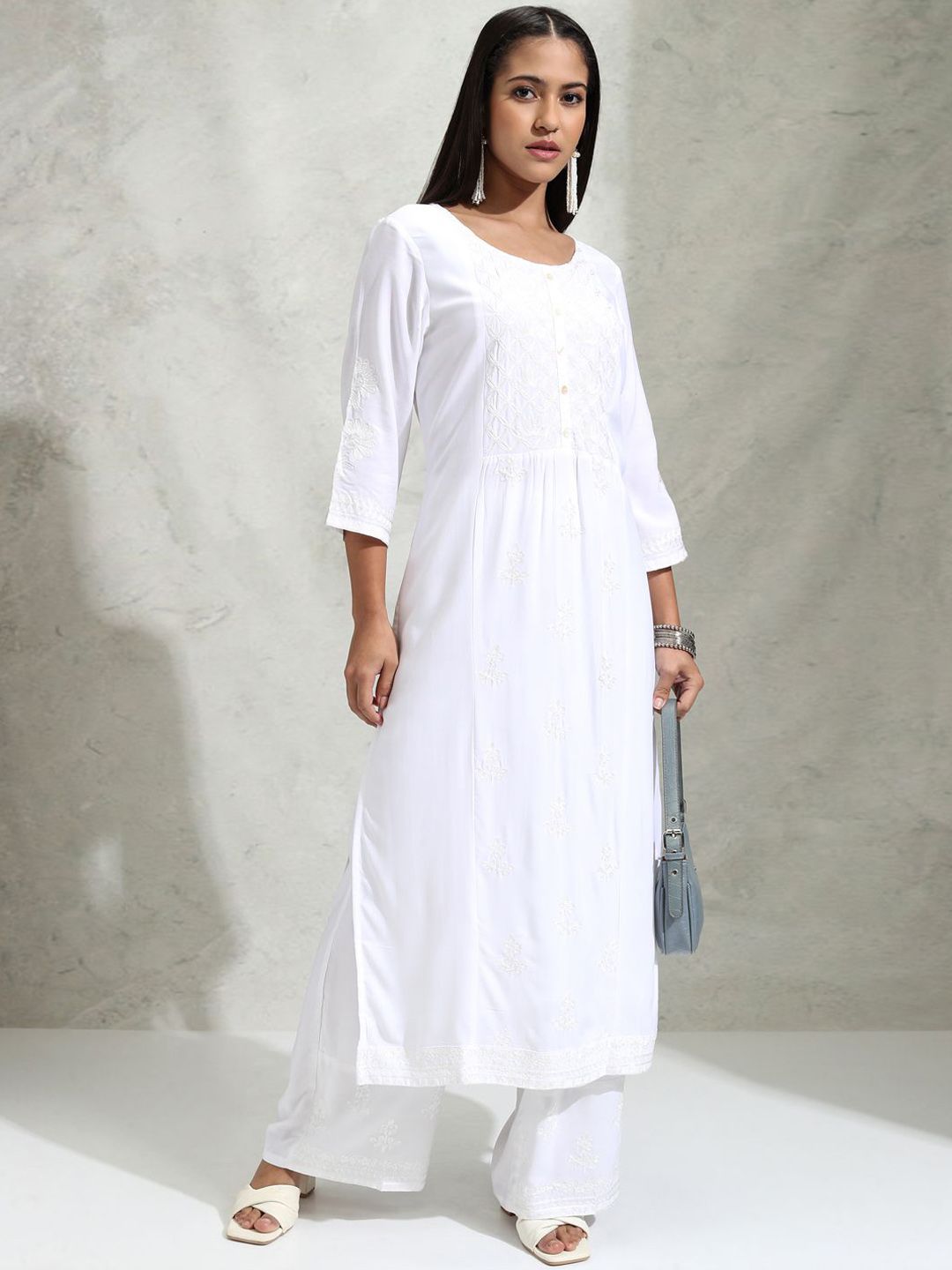 Vishudh White Floral Embroidered Thread Work Straight Kurta With Palazzos | Grab2Buy