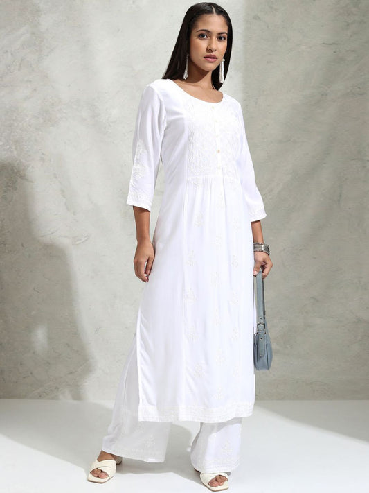 Vishudh White Floral Embroidered Thread Work Straight Kurta With Palazzos | Grab2Buy