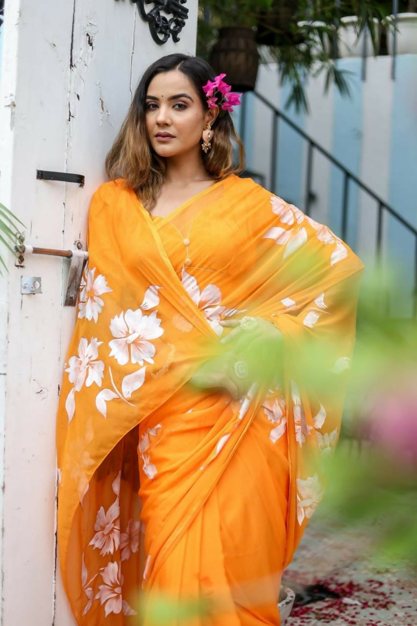 Exclusive Collection Beautiful Orange Pure Cotton Hand Print Handloom Grab2Buy With Running Blouse Piece 