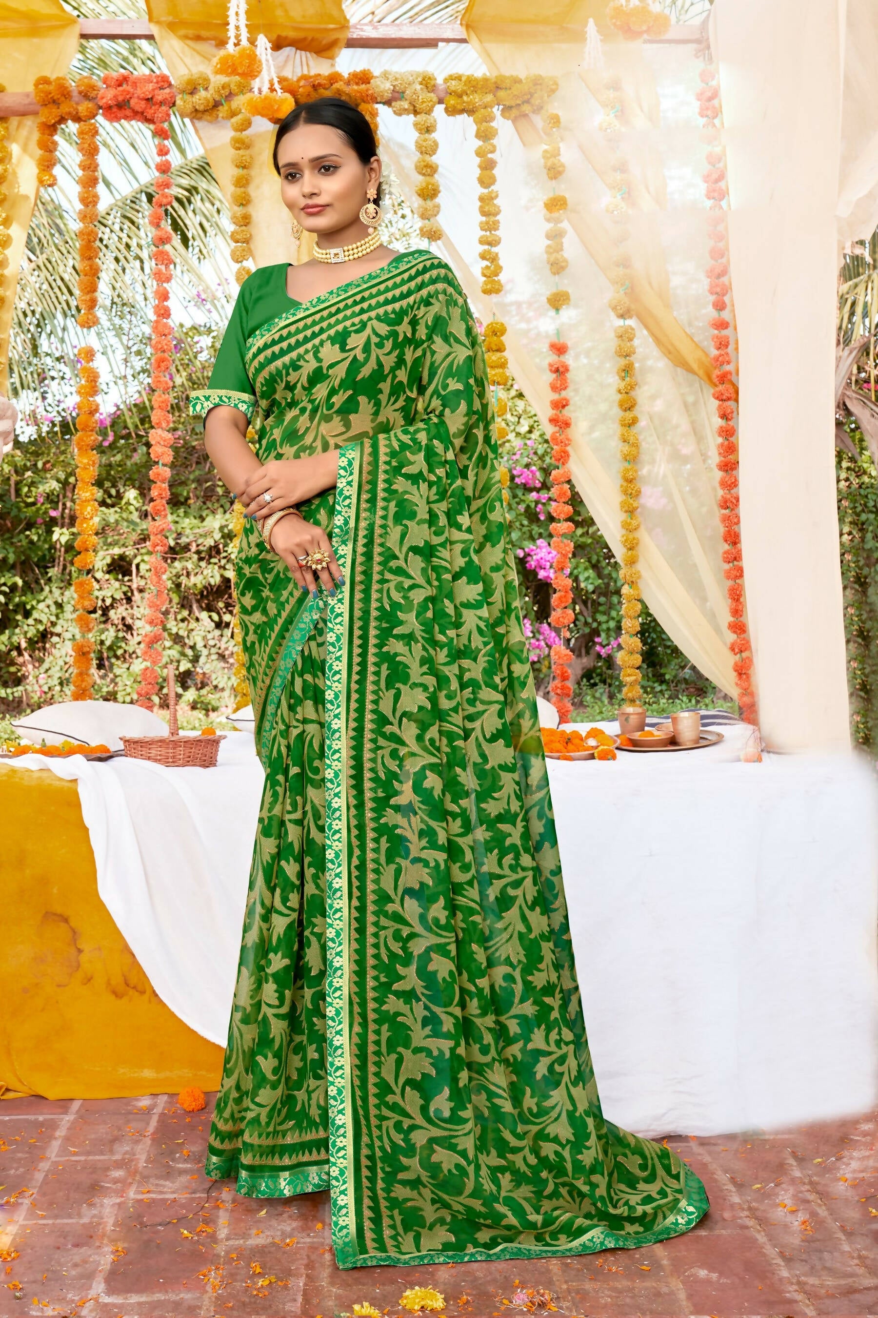 Green Georgette Foil Printed Saree with Unstitched Blouse piece - Avika