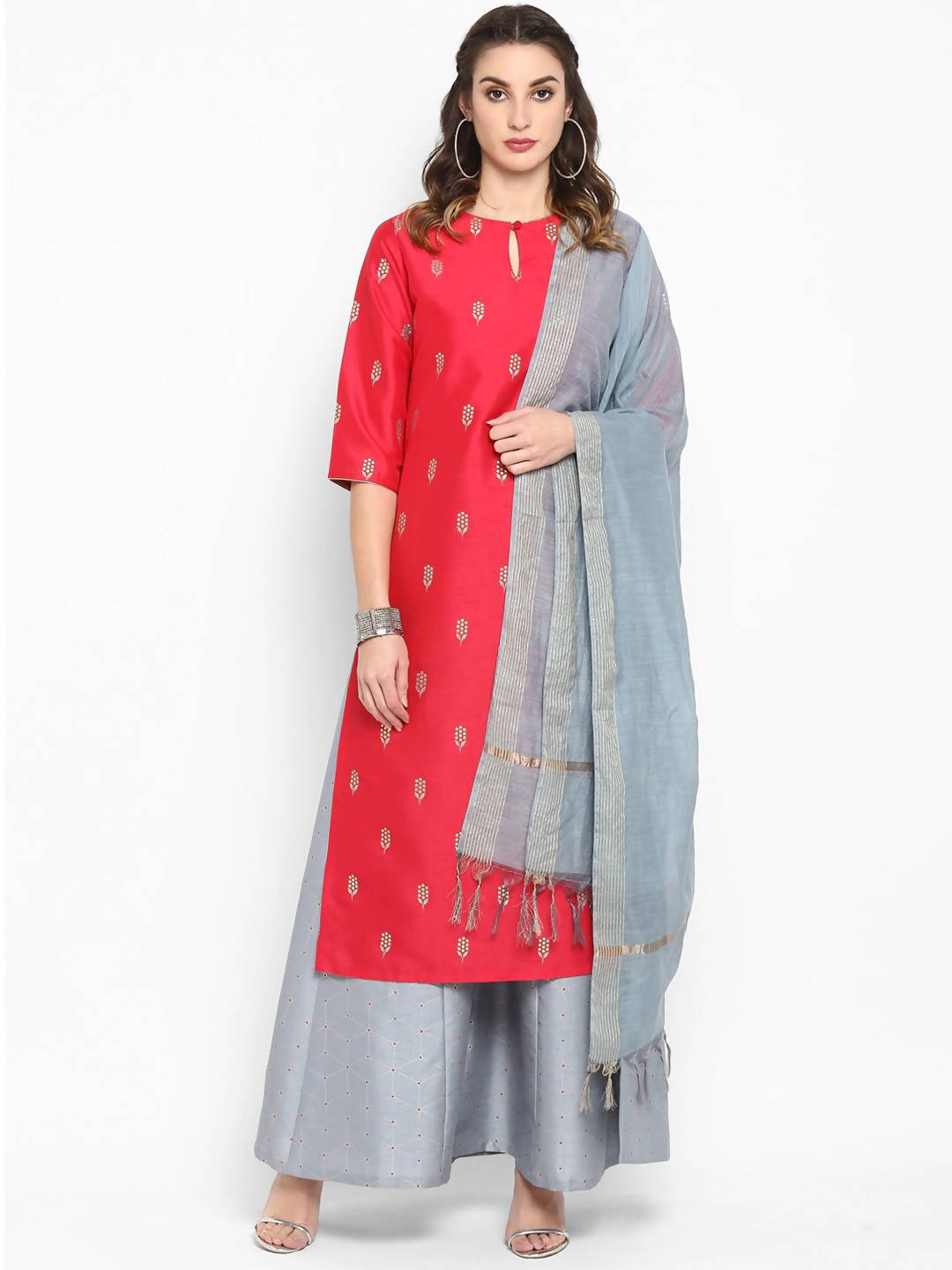 Janasya Women Red Poly Silk Kurta With Palazzo and Dupatta