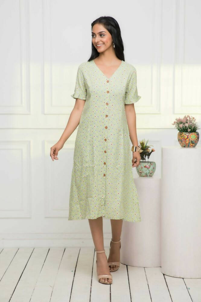 Myshka Women Green Ethnic Motifs Rayon A-Line V-Neck Dress