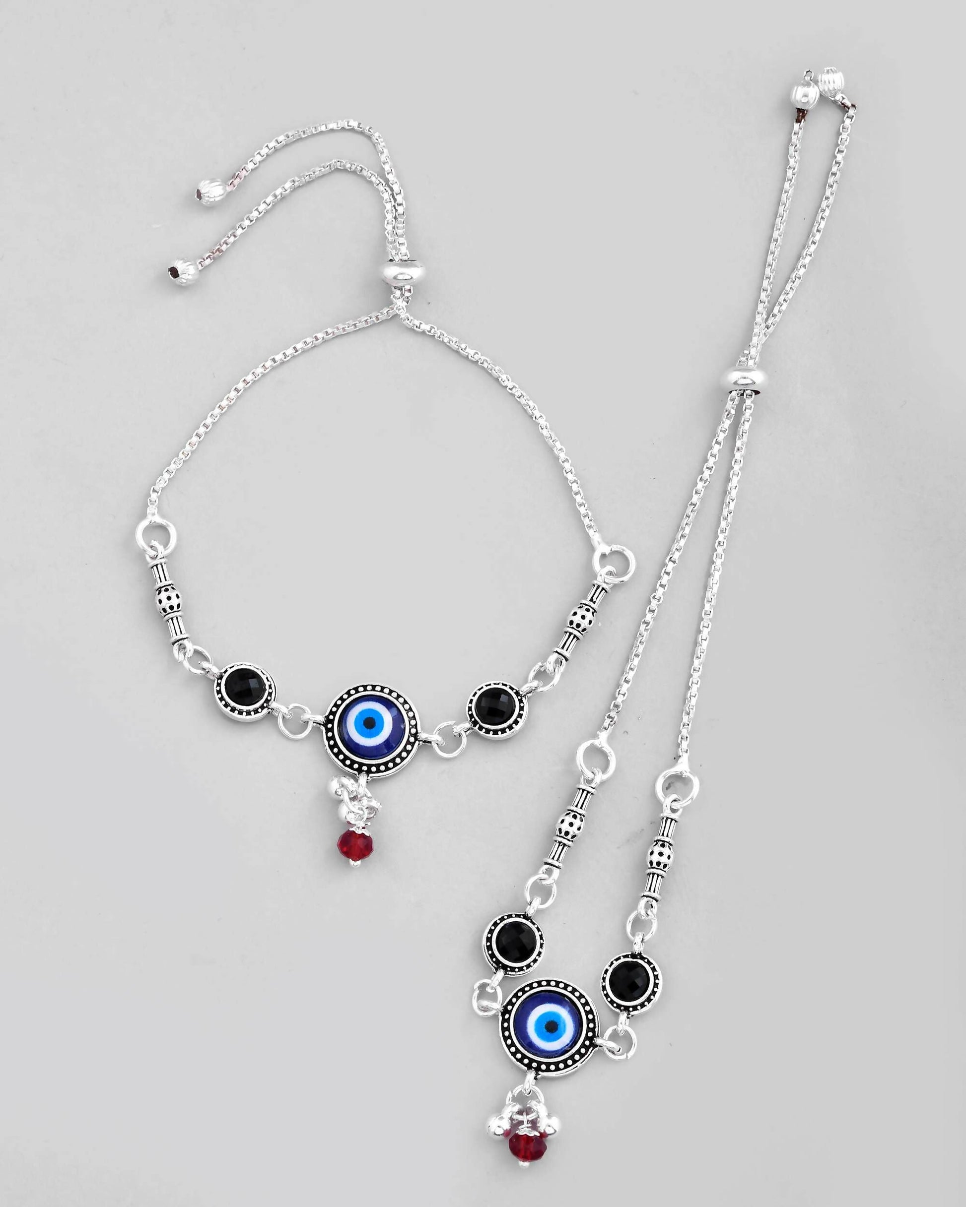 VOJ Set of 2 Silver Plated Evil Eye HandCrafted Adjustable Anklet 