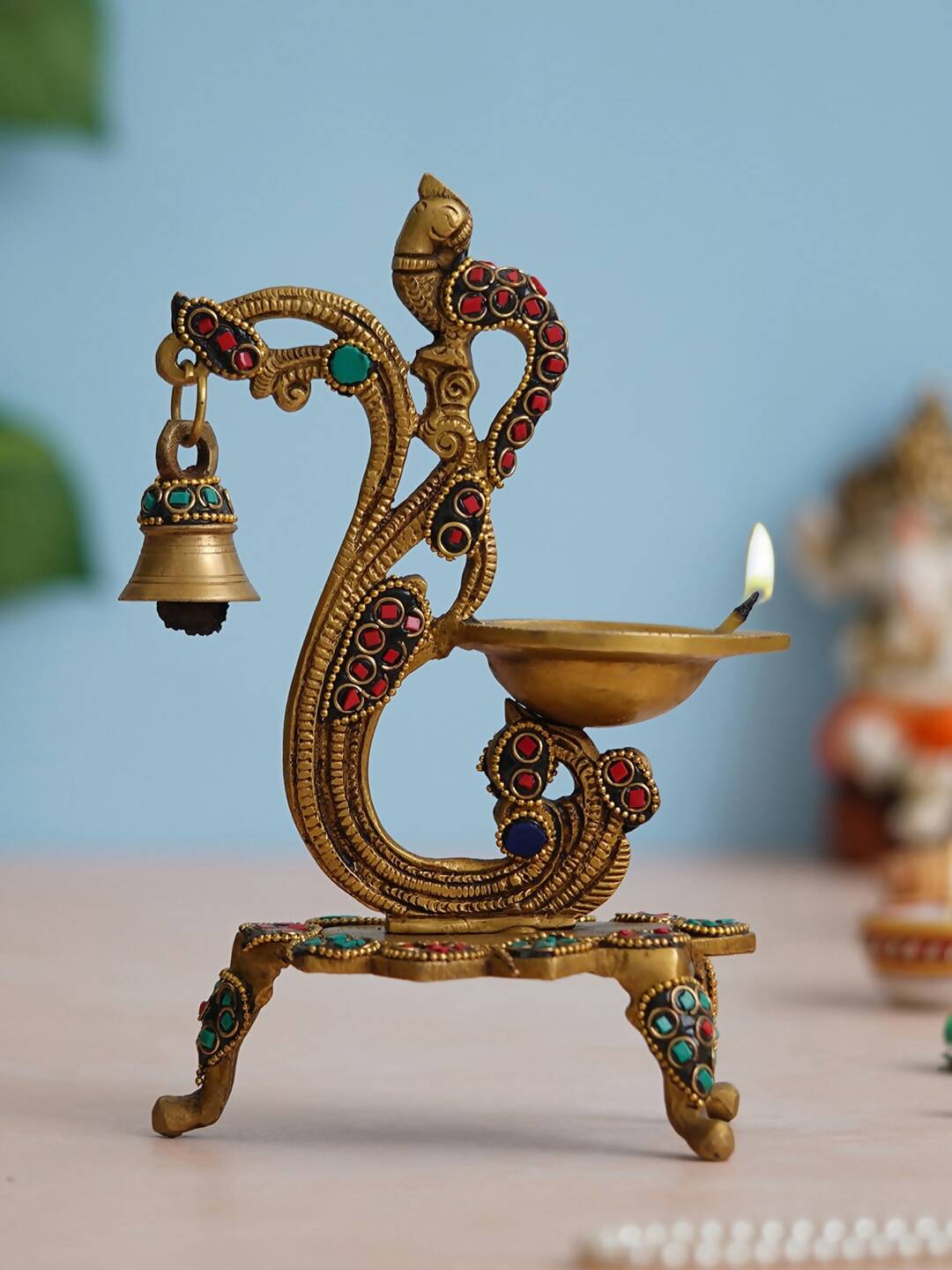 Grab2Buy Gold Toned Peacock Shaped Traditional Brass Diya With Bell & Stand 
