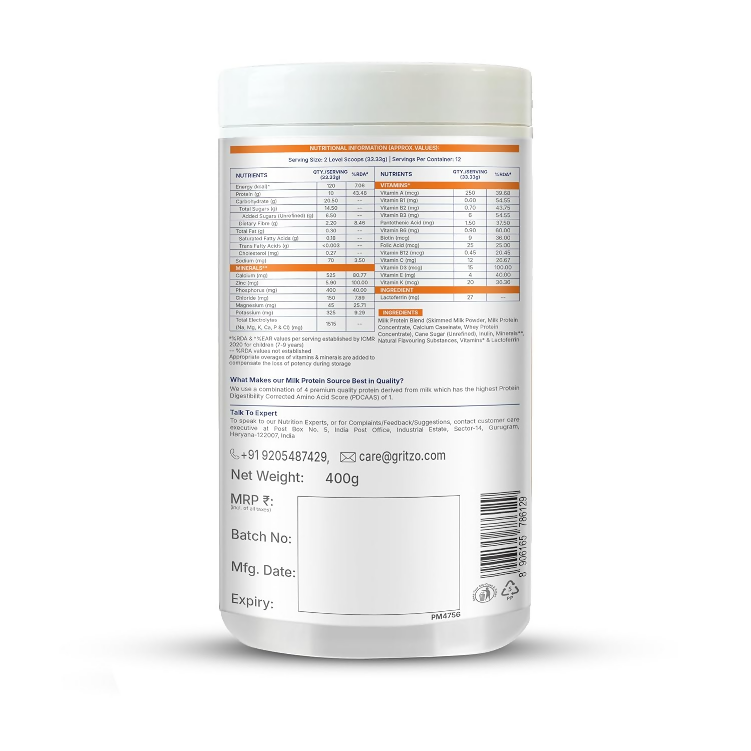 Gritzo SuperMilk Growth+ (Formerly Height+) (7-12y Boys), 10g Protein Powder-Creamy Vanilla