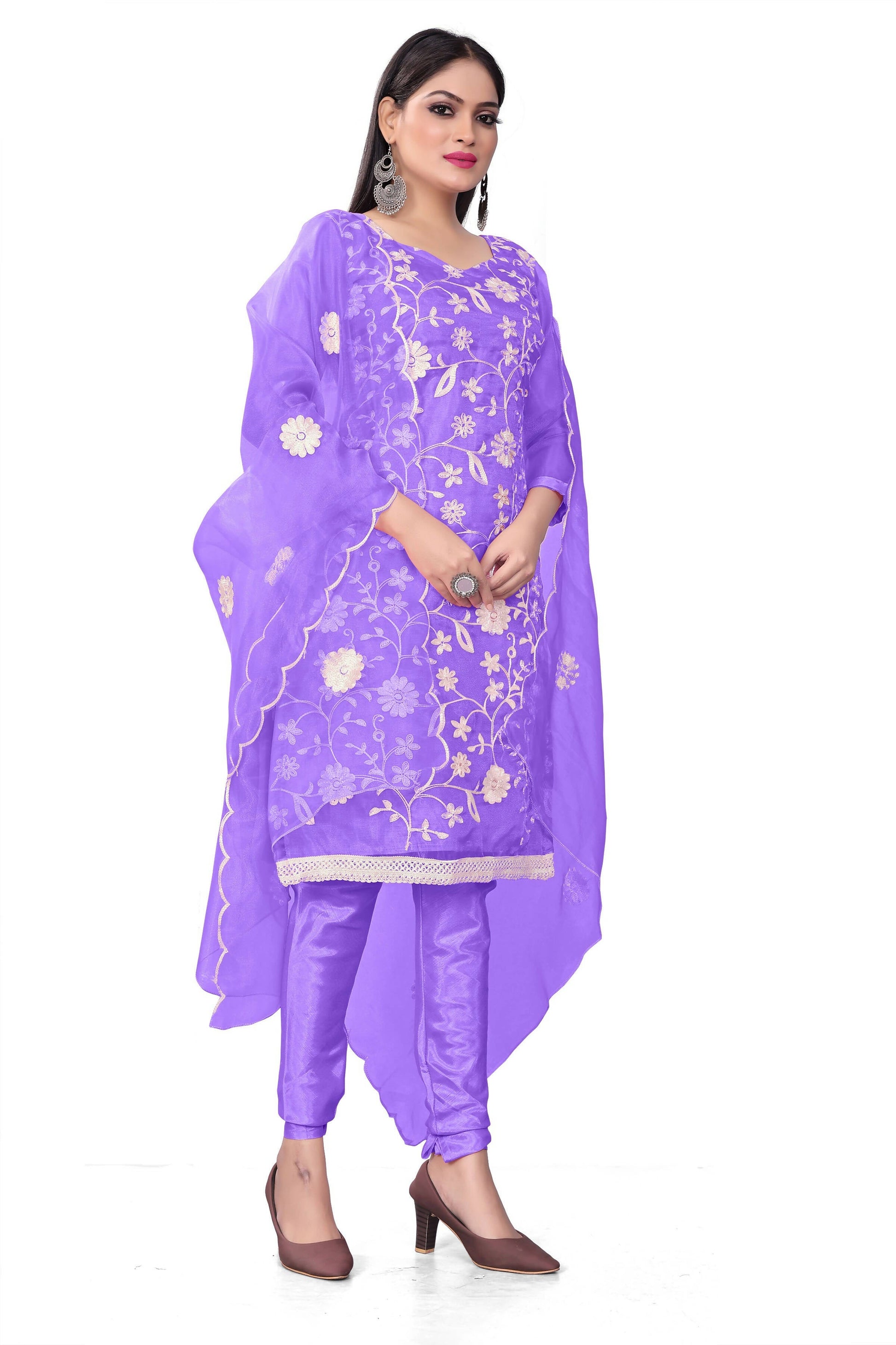 Lavender Organza Silk Embroidered Work Unstitched Dress Material - Tanvi