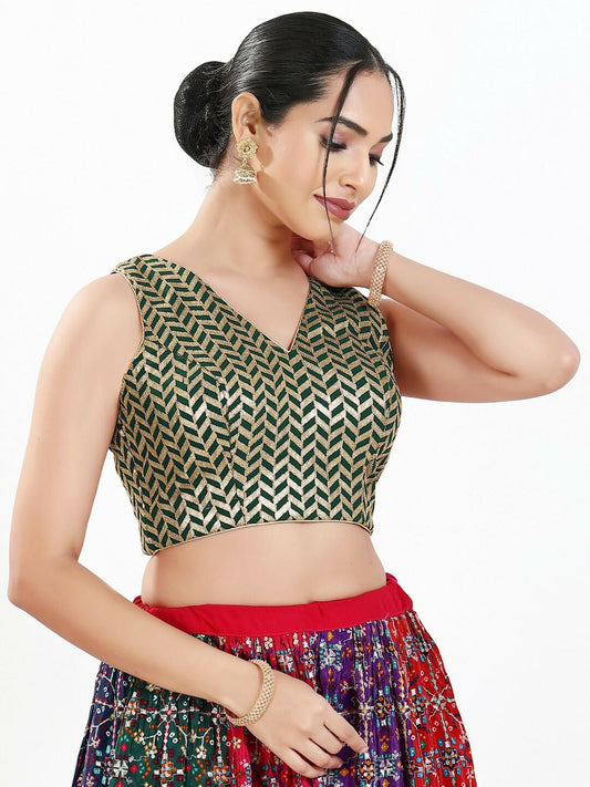 Joban Fashion Bottle Green Silk Padded Blouse With Sweetheart Neck Sleeveless