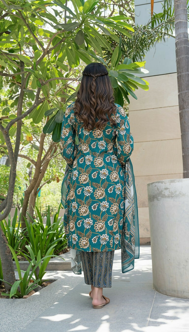 BulBul Fashionista Green Cotton Kurta Set with Dupatta 
