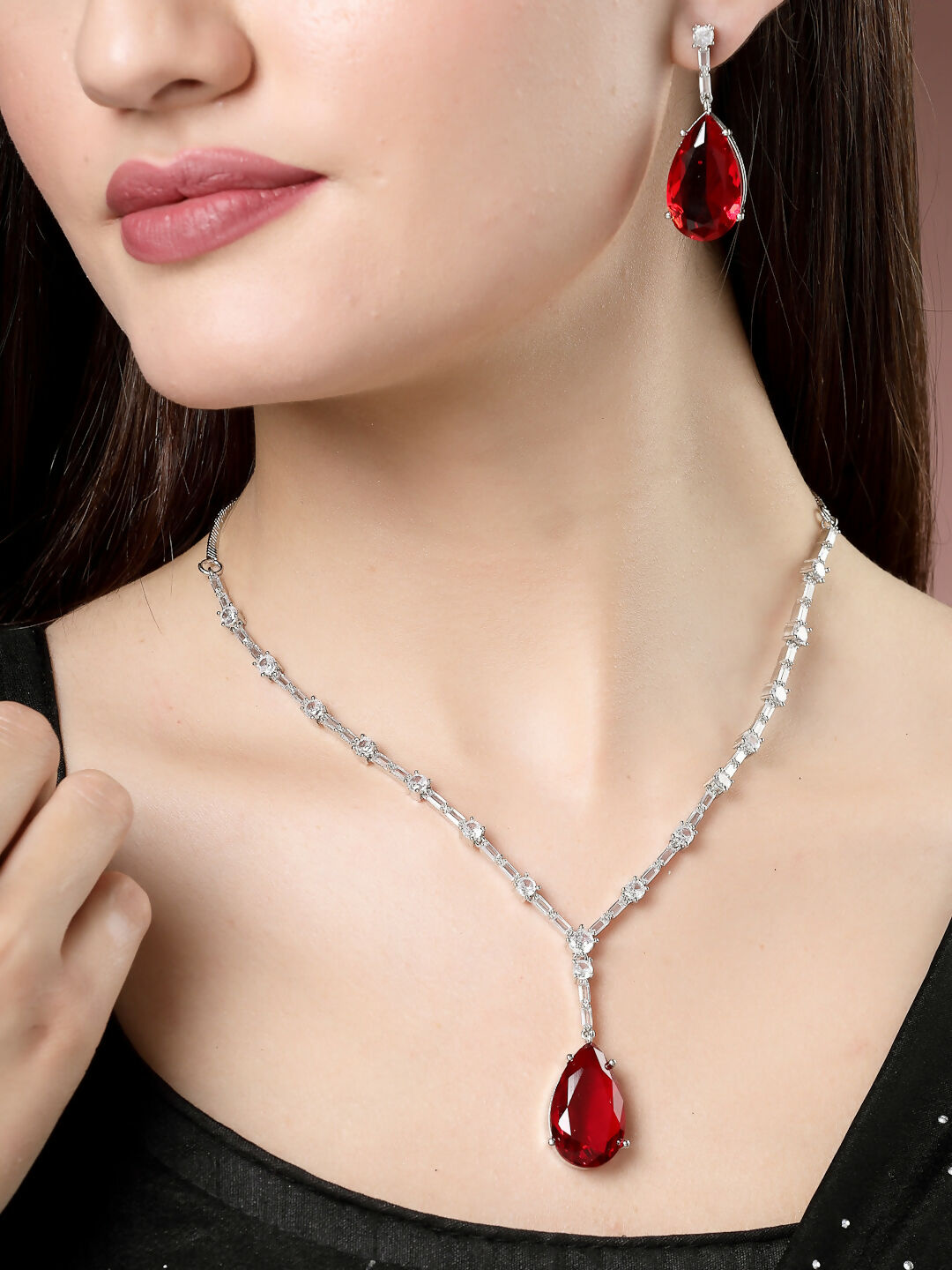 NVR Women's Silver-Plated Red Artificial Stones Studded Handcrafted Jewellery Set - Grab2buy
