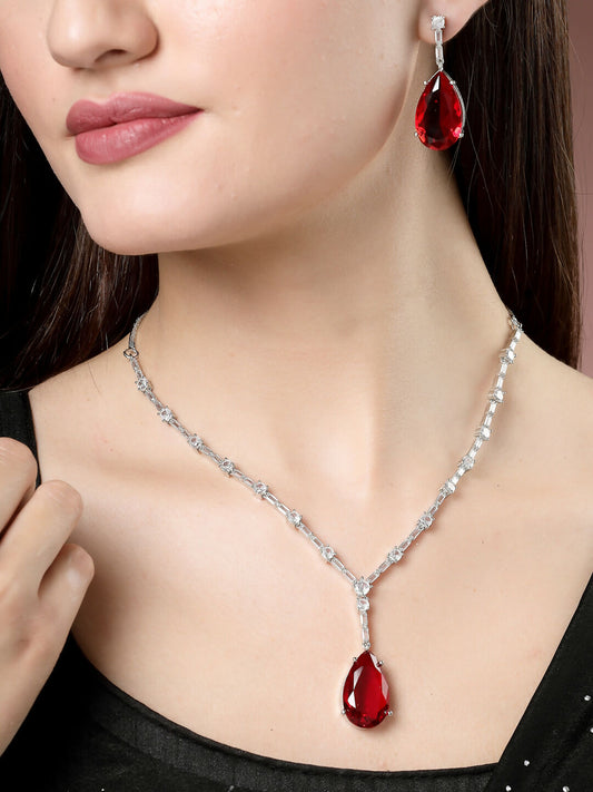NVR Women's Silver-Plated Red Artificial Stones Studded Handcrafted Jewellery Set - Grab2buy