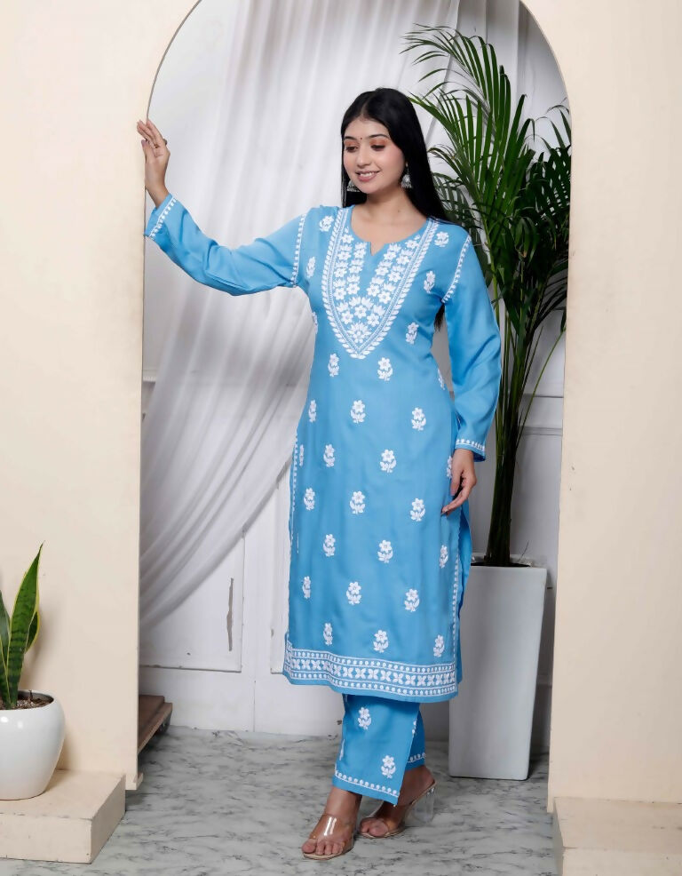 Miravan Women's Chikankari Embroidery Sky Blue Straight Kurta And Palazzo 