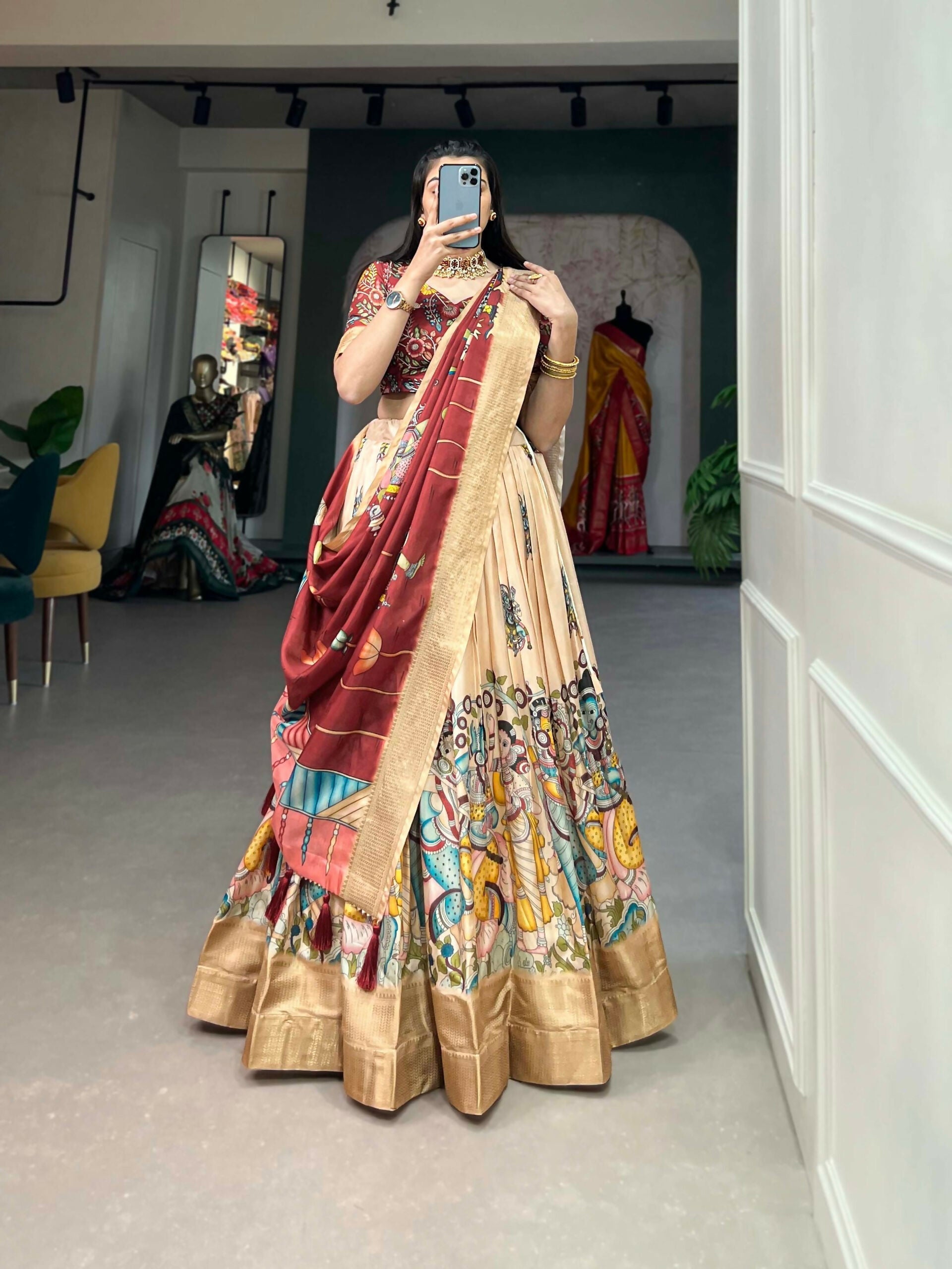 Vastranavya Kalamkari Print With Weaving Border Lehenga with Unstitched Blouse - Cream  Grab2Buy Vastranavya Grab2Buy