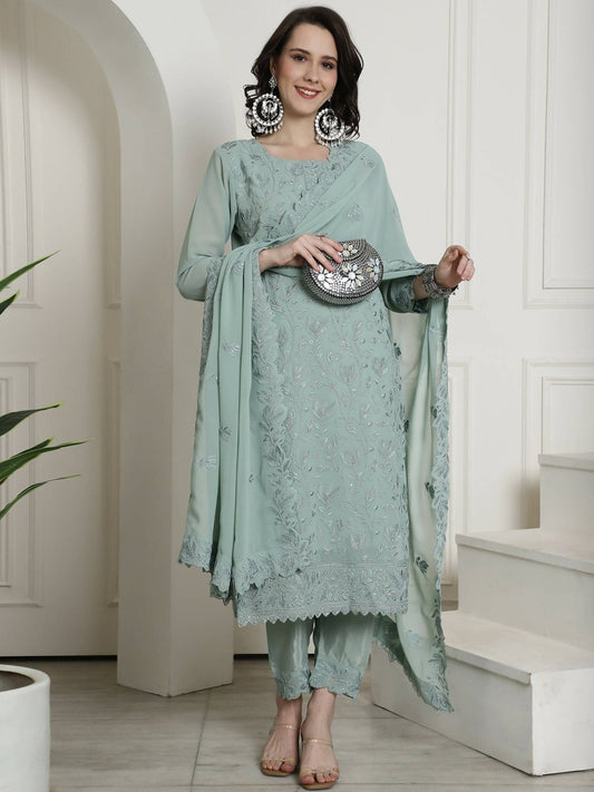 Aastha Fashion Women's Green Georgette Floral Resham Thread with Cording & Crystal work Kurta with Trouser & Dupatta - Grab2buy