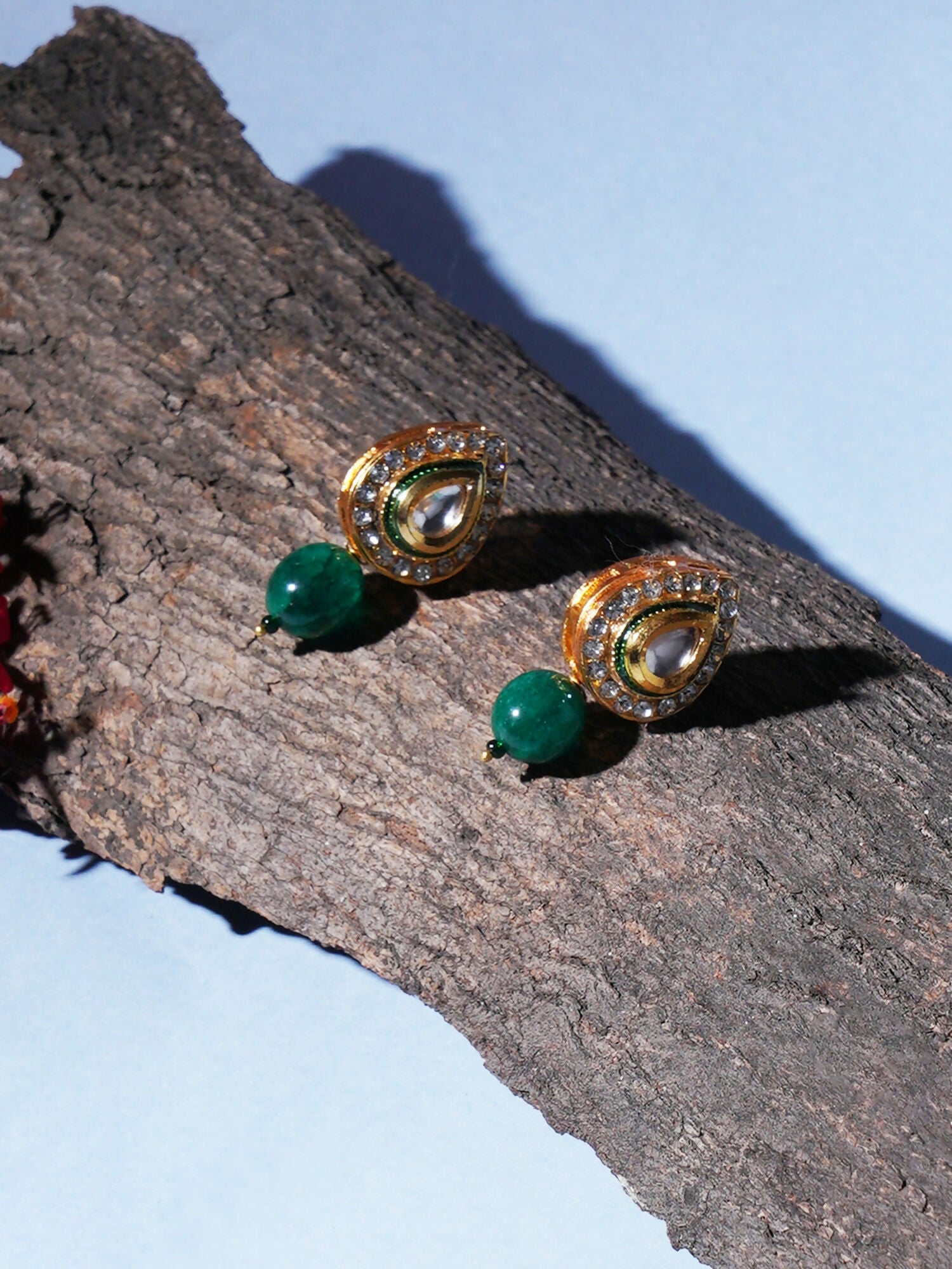 Emerald Stone Kundan Studs (Gold) - Ruby Raang - Grab2buy