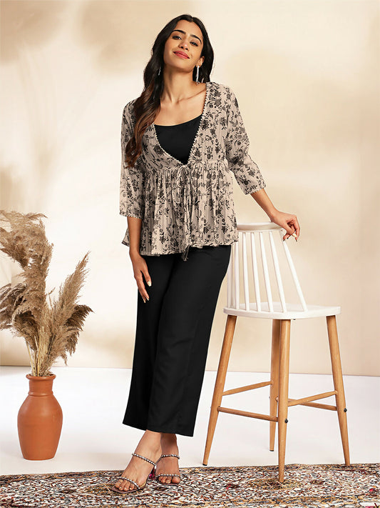 Janasya Black Crepe Solid Top,Bottom & Jacket 