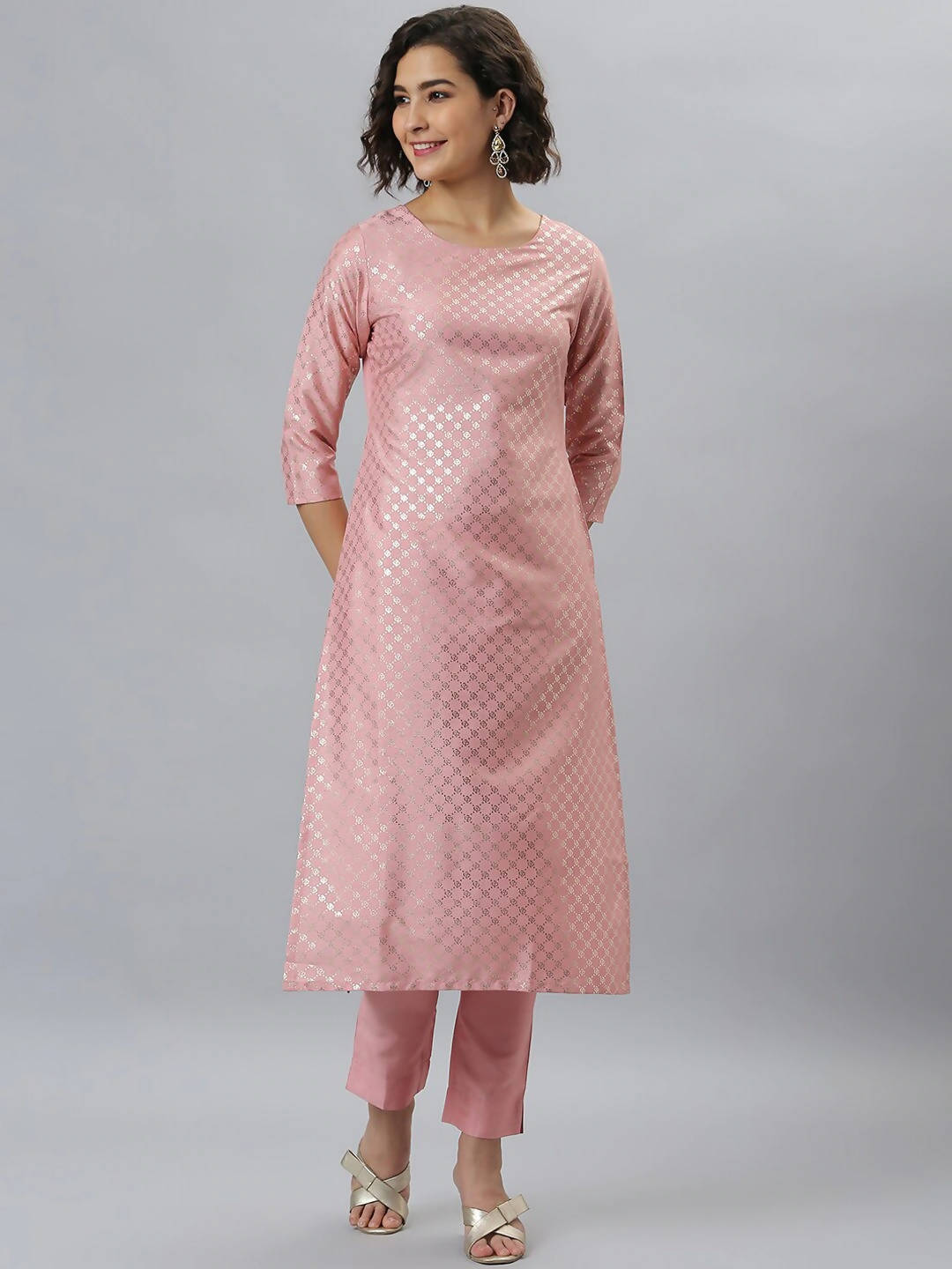 Janasya Women Mauve Woven Design Kurta with Trousers