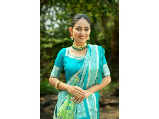 Aastha Fashion Women's Green Banarasi Silk Meenakari Zari Woven Saree with Blouse - Grab2buy