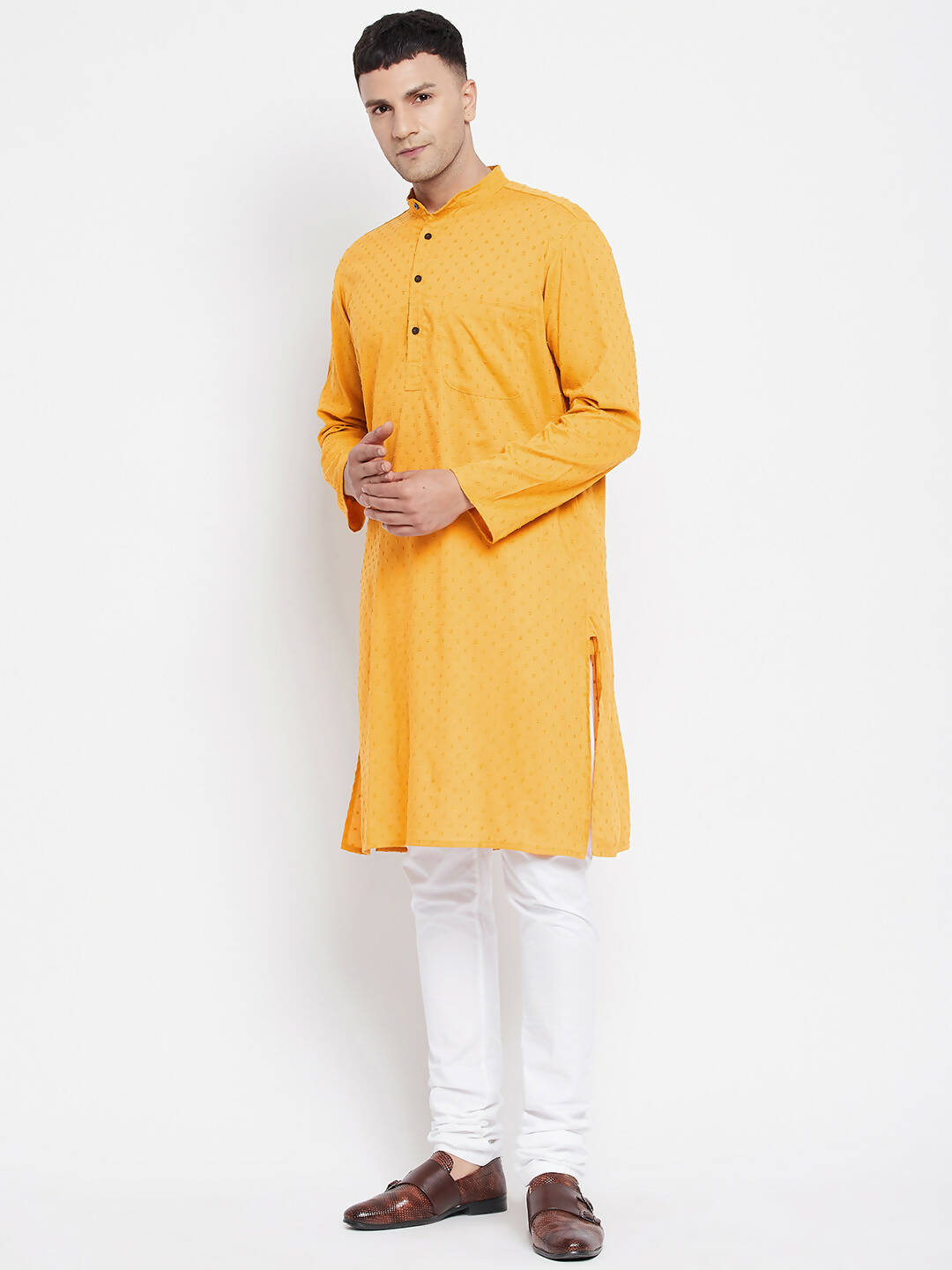 Even Apparels Yellow Color Pure Cotton Men's Kurta With Band Collar