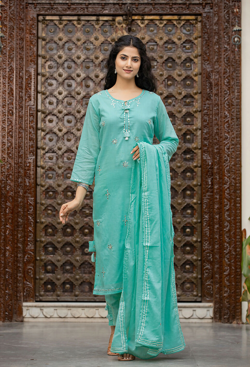 Kaajh Women's Sky Blue Mirror Embellished Cotton Suit Set