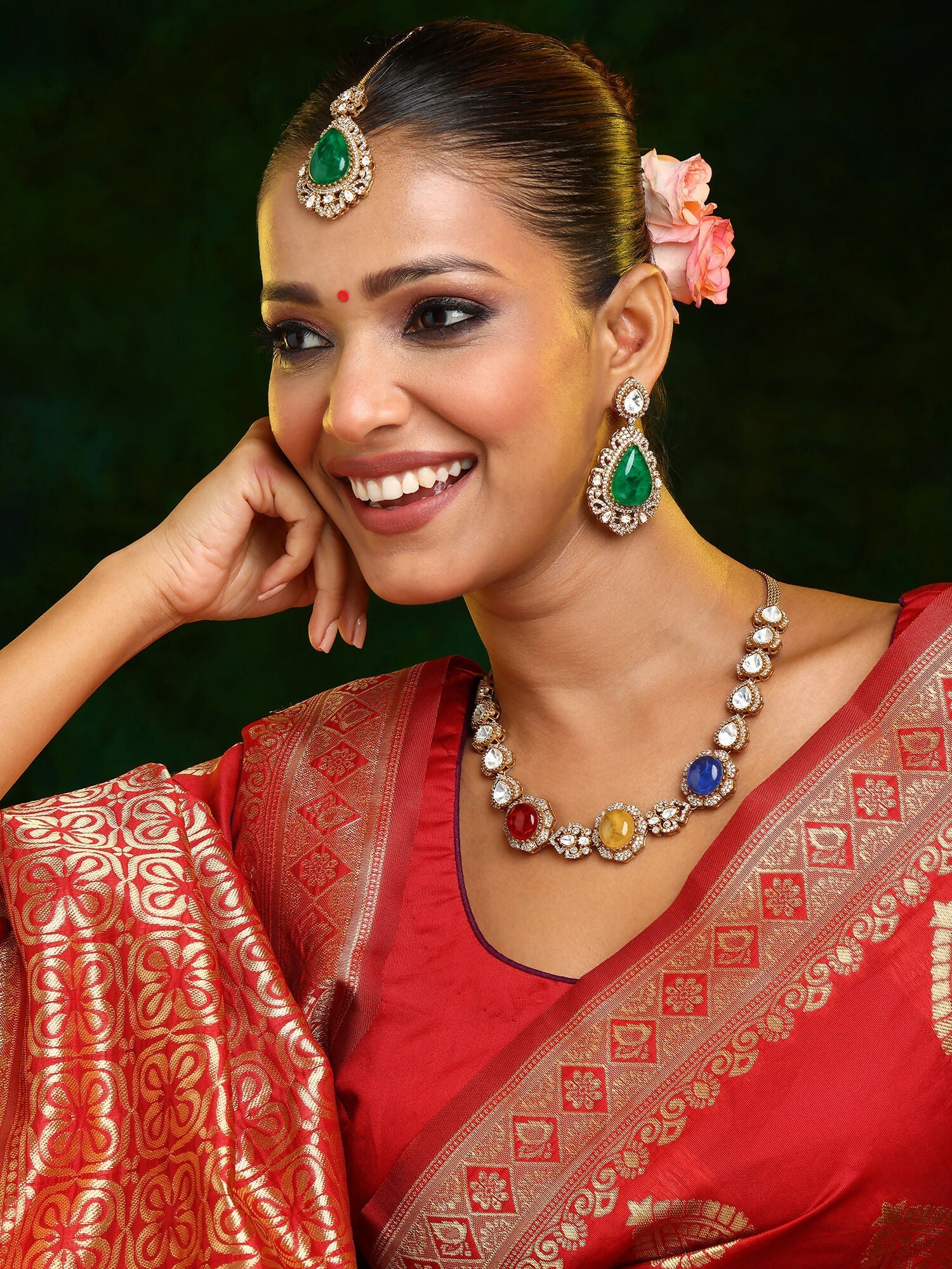 Ruby Raang 22k Gold Polished Stonework Kundan Necklace With Earrings And Maang Tikka | Grab2Buy