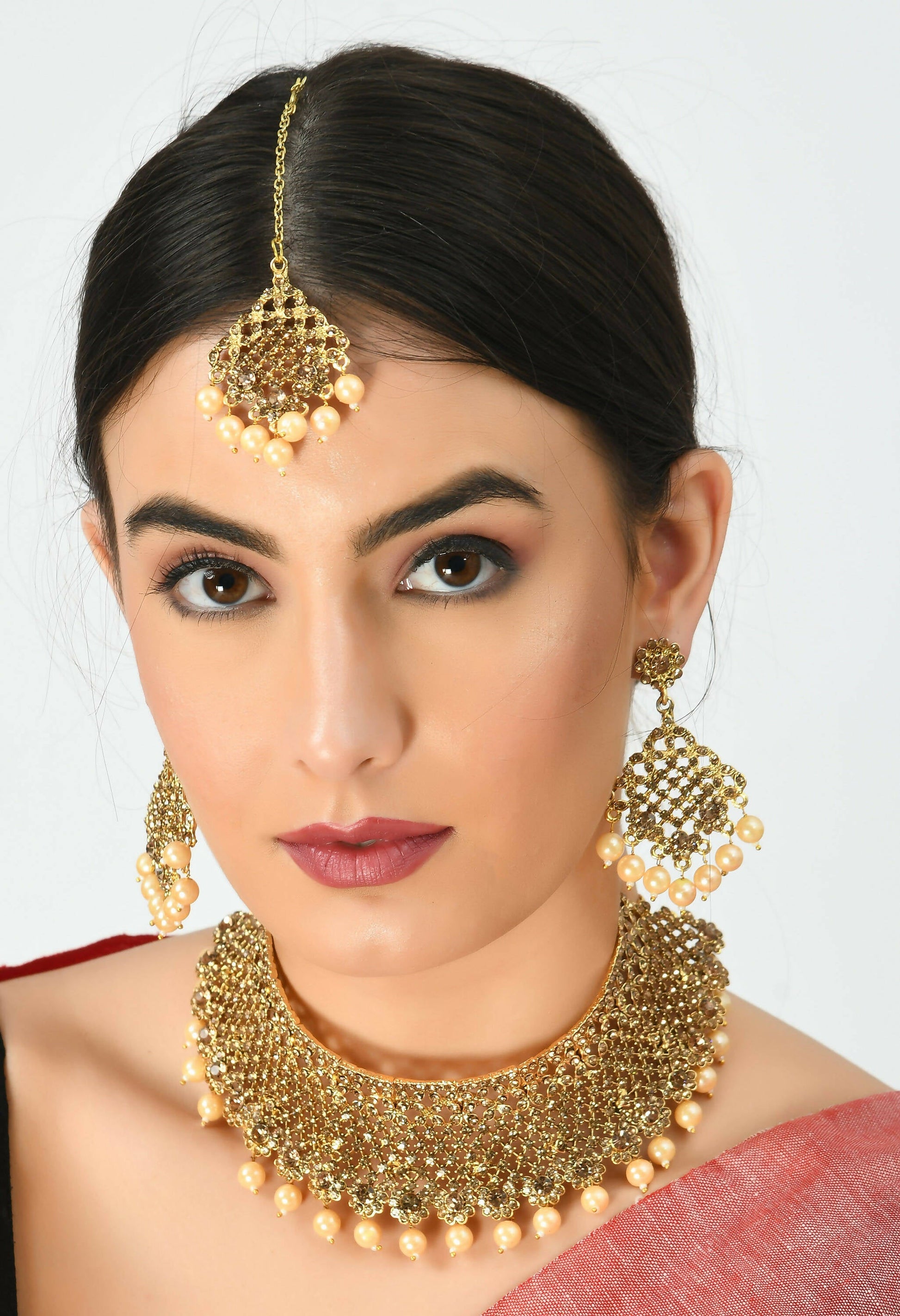 Mominos Fashion Johar Kamal Traditional Rajwadi Design Heavy Golden Color Necklace Set - Grab2buy