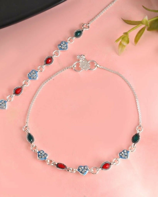 VOJ Set of 2 Silver Plated Heart Shaped Stone Studded Anklet 