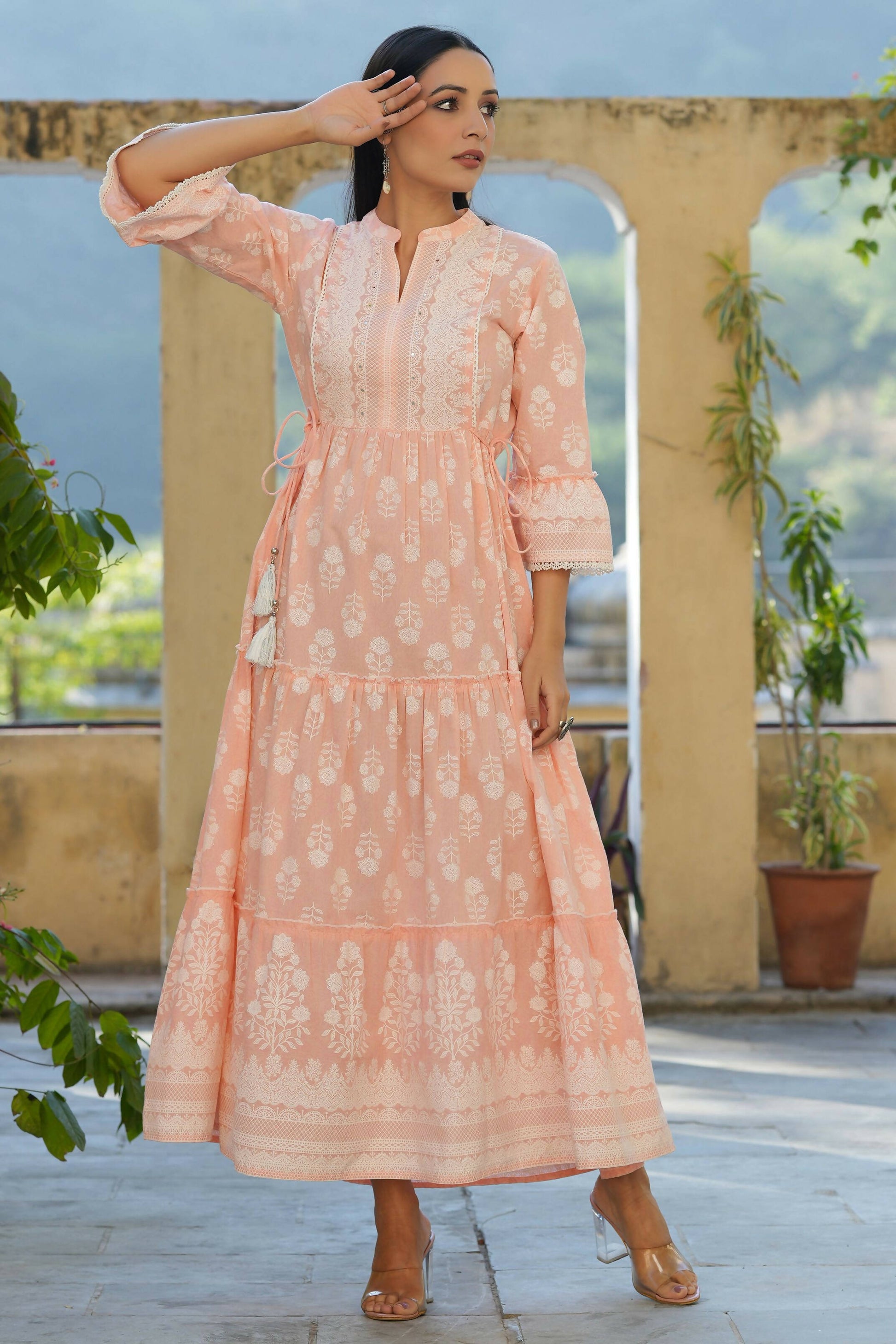 Juniper Women's Peach Cambric Floral Printed Maxi Tiered Dress