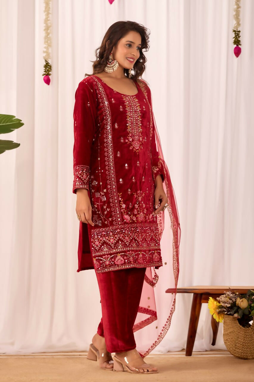Joban Fashion Red Velvet Embroidery Sequence Work Readymade Kurta Set