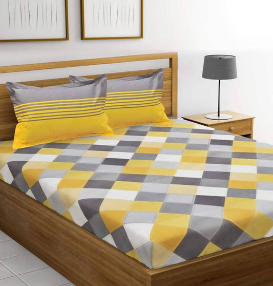 Vamika Printed Cotton Yellow & Multicolor Bedsheet With Pillow Covers (LEOC_CHECK_Y) - Grab2buy