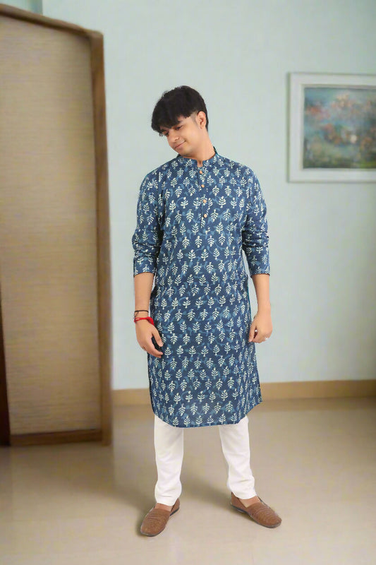 Souchii Men's Ethnic Printed Pure Cotton Kurta – Indigo Leaf Motif