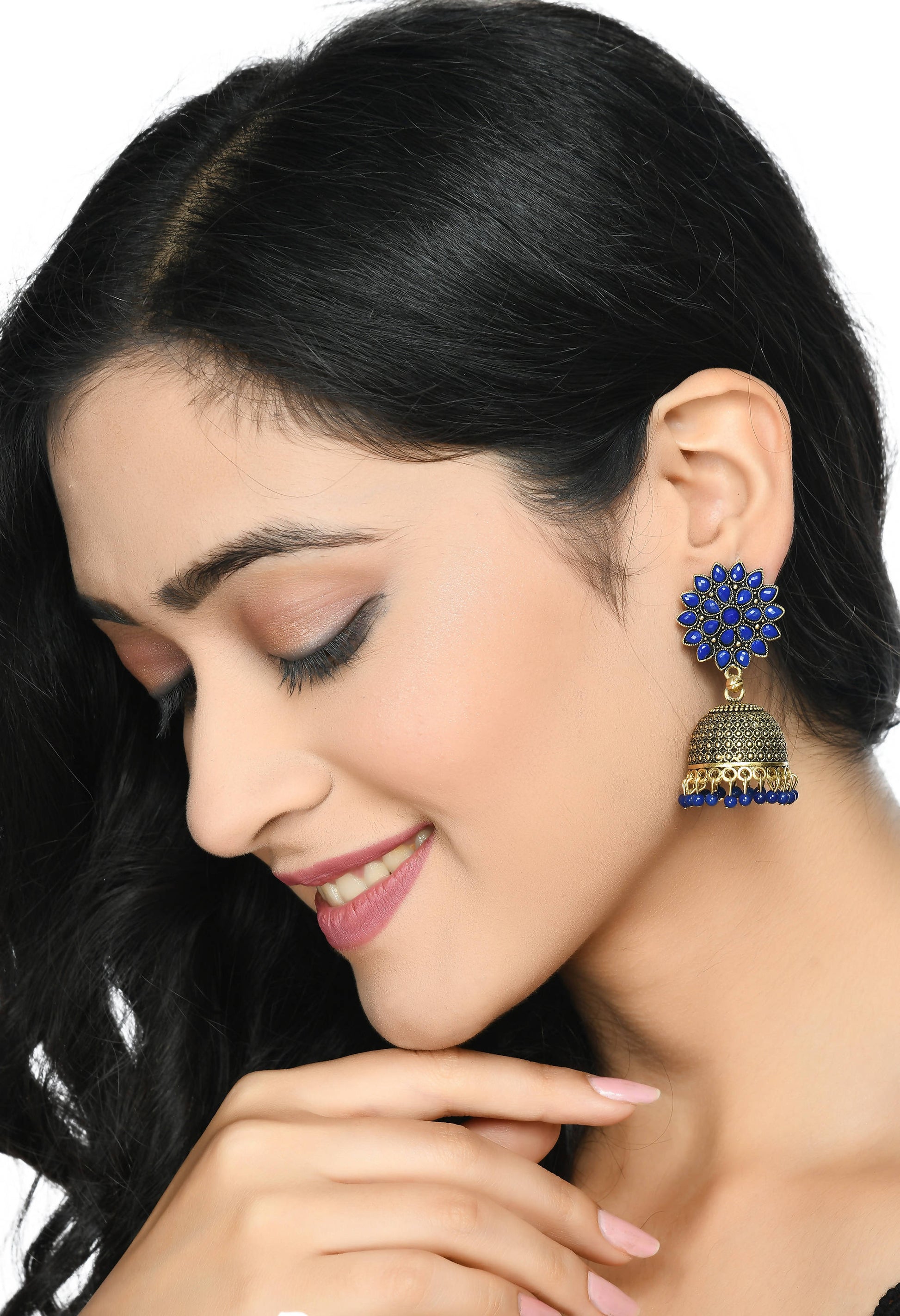 Mominos Fashion Johar Kamal Kundan Work Jhumka With Blue Beads For Women - Grab2buy