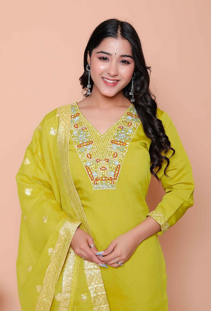 Miravan Womens Muslin Yellow Kurta And Palazzo With Dupatta Set