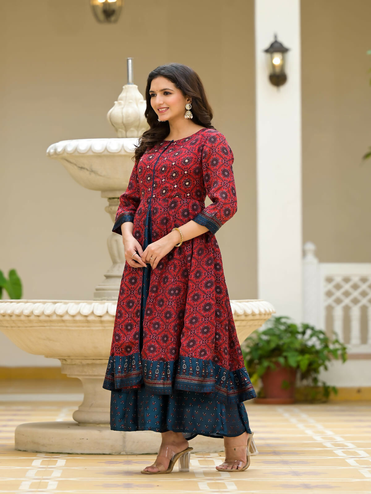 Juniper Women's Red Ethnic Motif Printed Cotton Maxi Dress With Button