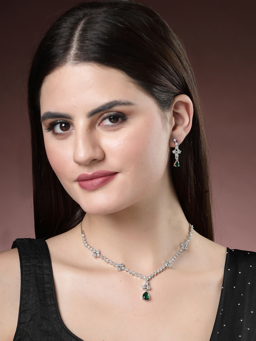 NVR Women's Silver-Plated Green American Diamond Studded Jewellery Set - Grab2buy