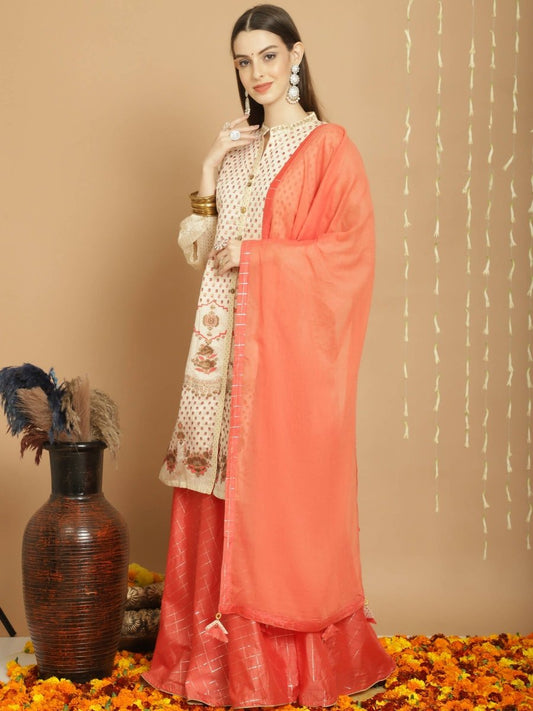 Aastha Fashion Women's Cream Chanderi Silk Elegant Jardoshi Semi Kurta with Trouser & Dupatta - Grab2buy