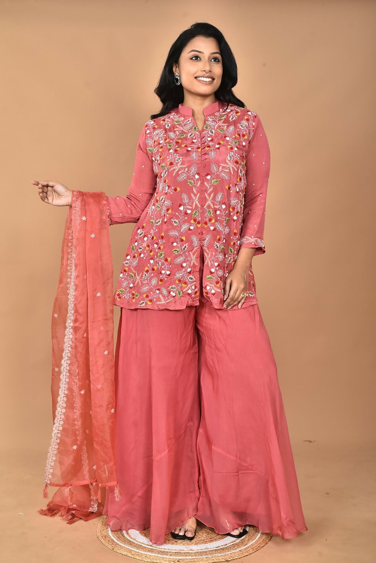 Morchari Women And Hand Embroidery Palazzo Set-Rust 