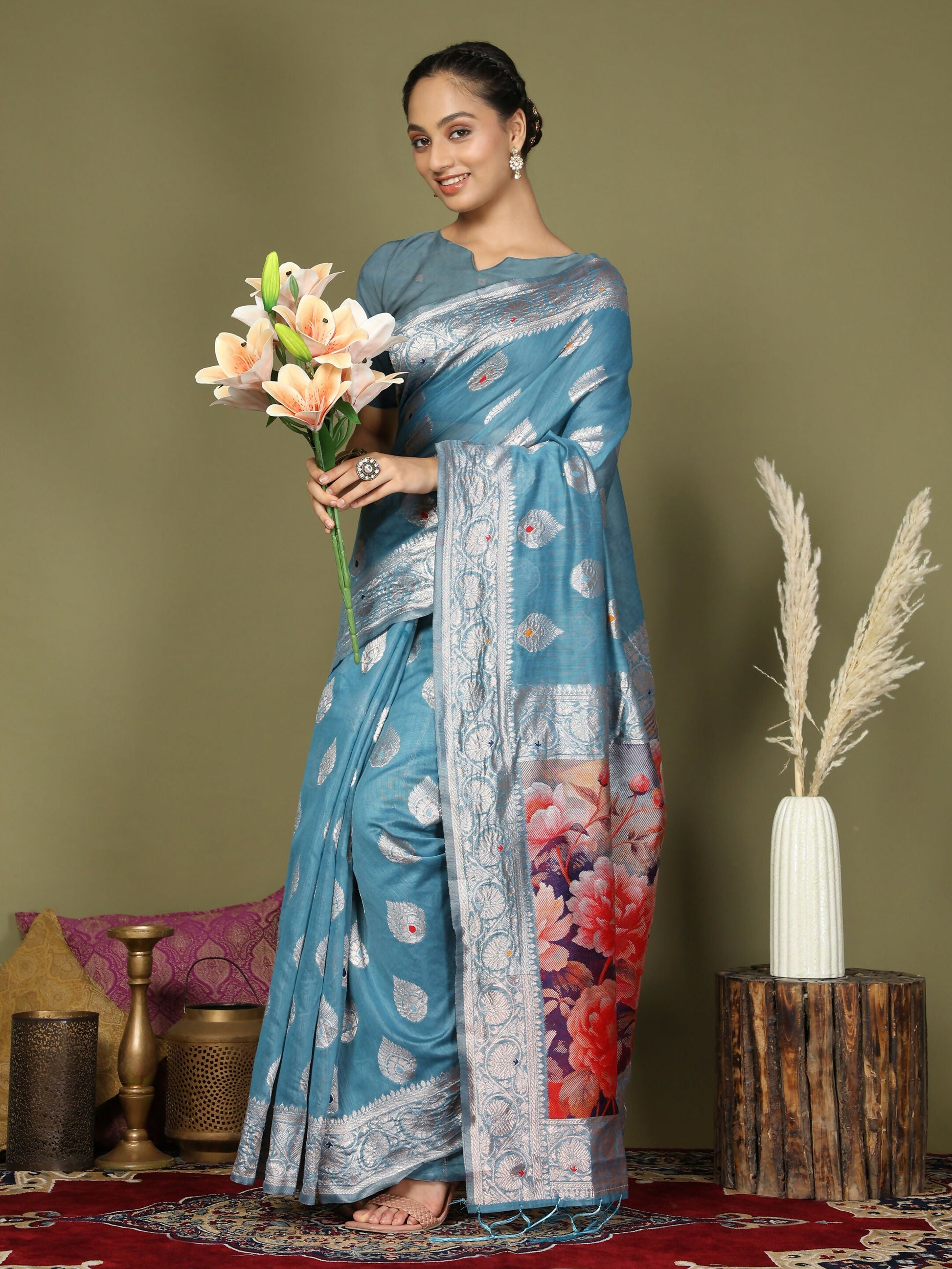 Shree Shyam Fashion Linen Cotton Sky Blue Saree