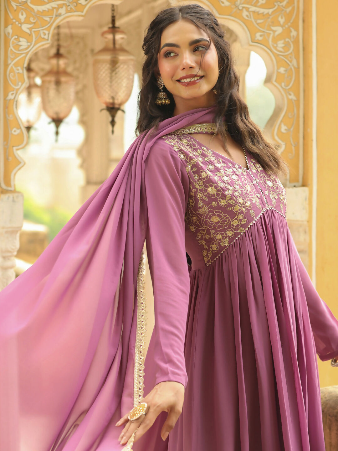 Janasya Lavender Georgette Yoke Embroidery Kurta,Bottom & Dupatta 