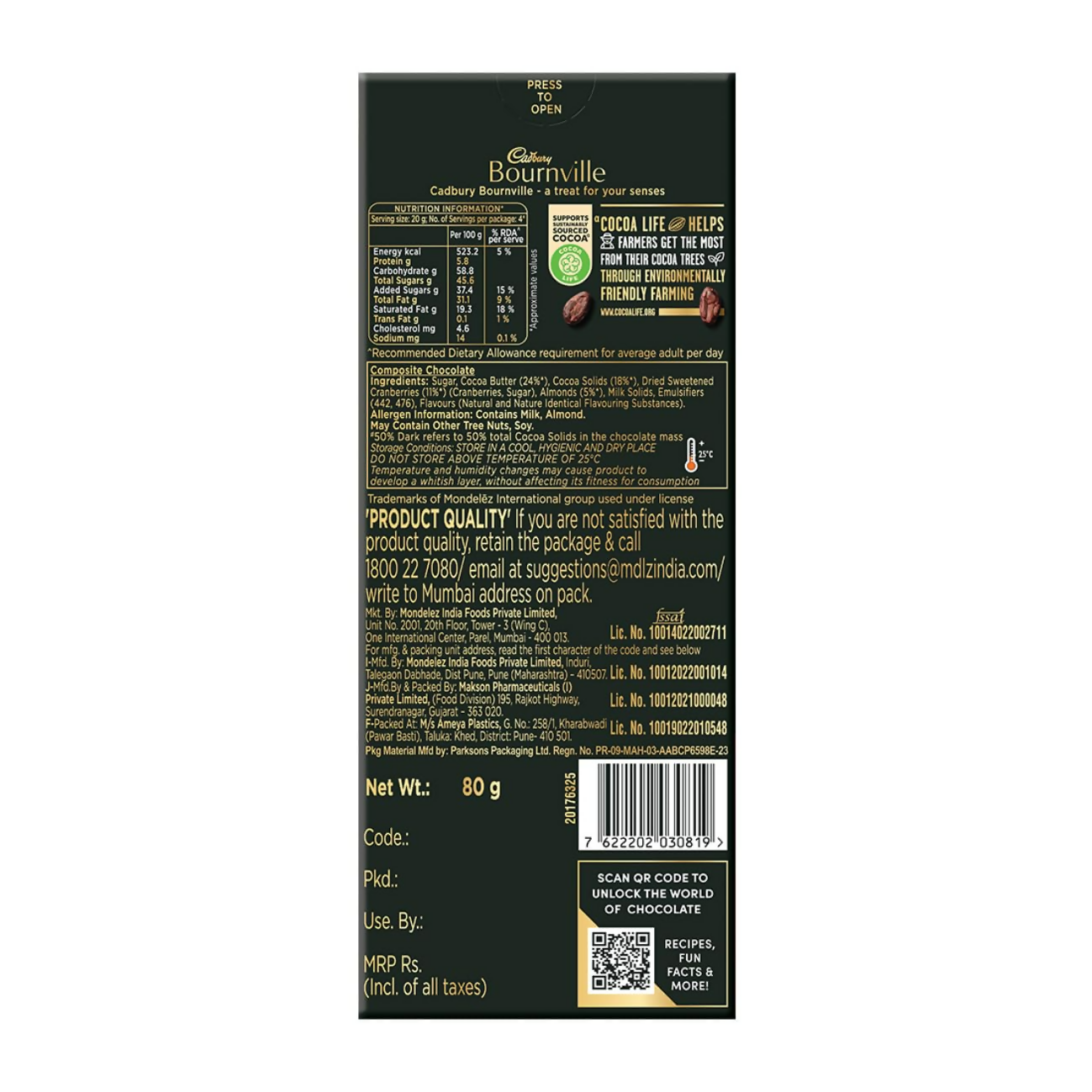 Cadbury Bournville Cranberry Dark Chocolate Bar