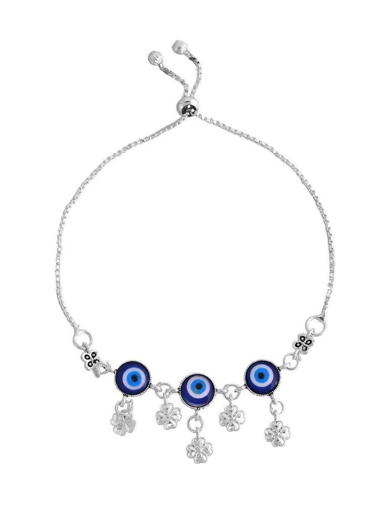 VOJ Set Of 2 Silver Plated Evil Eye Handcrafted Anklets 
