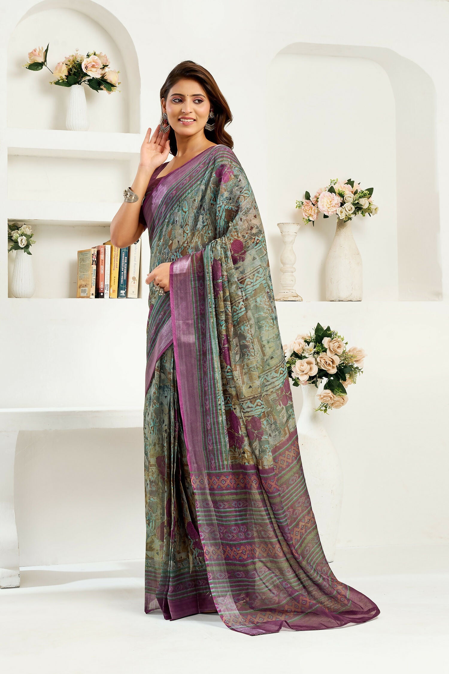 Joban Fashion Multicoloured Ikkat & Floral Linen Ready To Wear Saree With Unstitched Blouse