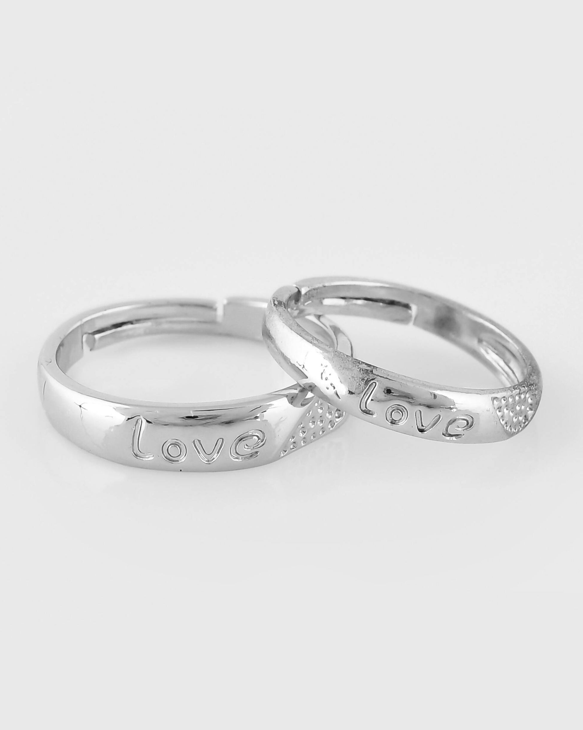 VOJ Stainless Steel Cubic Zirconia Silver Plated Adjustable Ring Set for Couple 