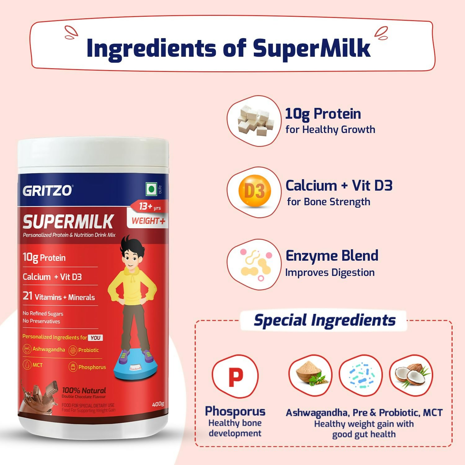 Gritzo SuperMilk Weight+ (13+y Boys), 10g Protein Powder (Double Chocolate)