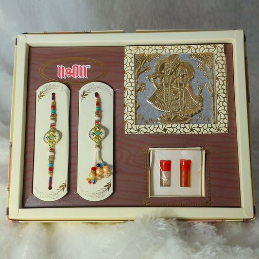 Indianvibez Exclusive Gift Pack Of Bhai Bhabhi Meenakari Desginer Rakhi With Roli & Krishna Silver Gold Plated Radha Krishna Foil