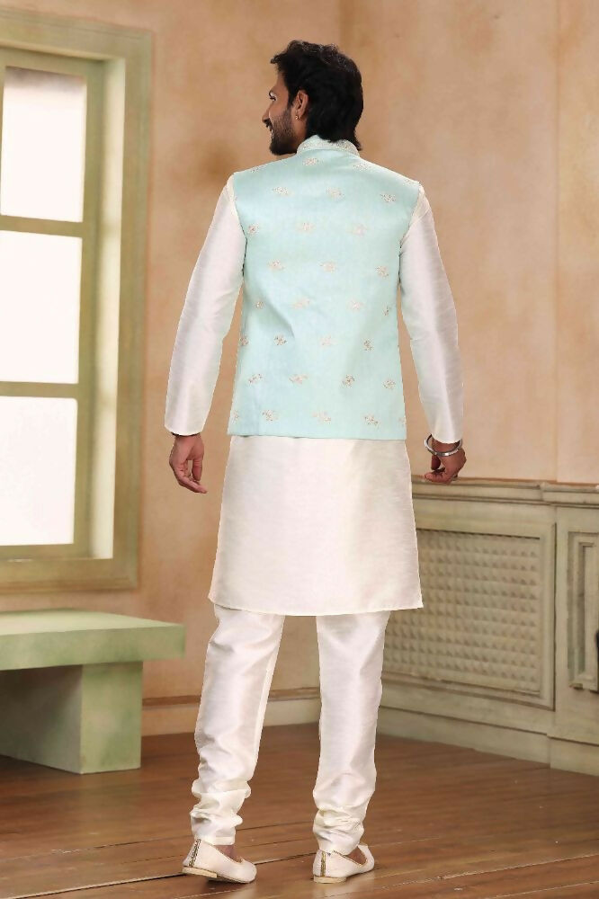 Raivat Ethnic Jacquard Banarasi Silk Woven Work 3 Pics Jacket Set In Pista Green Colour