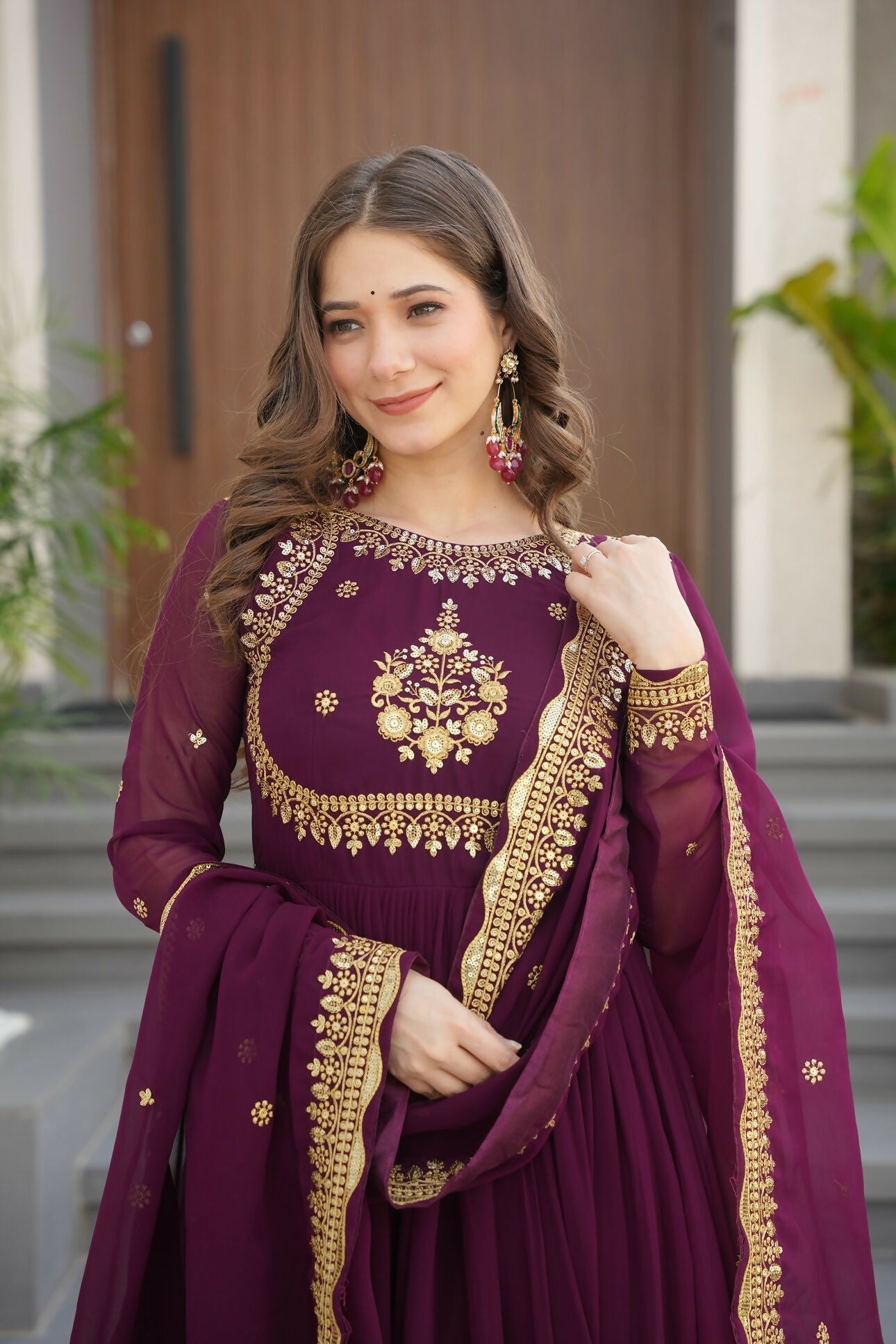 Joban Fashion Wine Georgette Sequence Embroidery Work Kurta Set