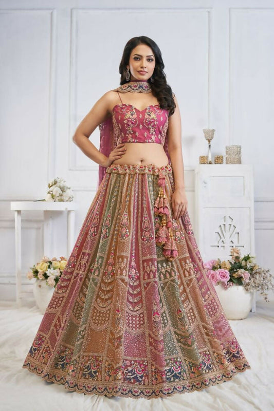 Kesar Fab Multi-Onion Net Embroidered Lehenga