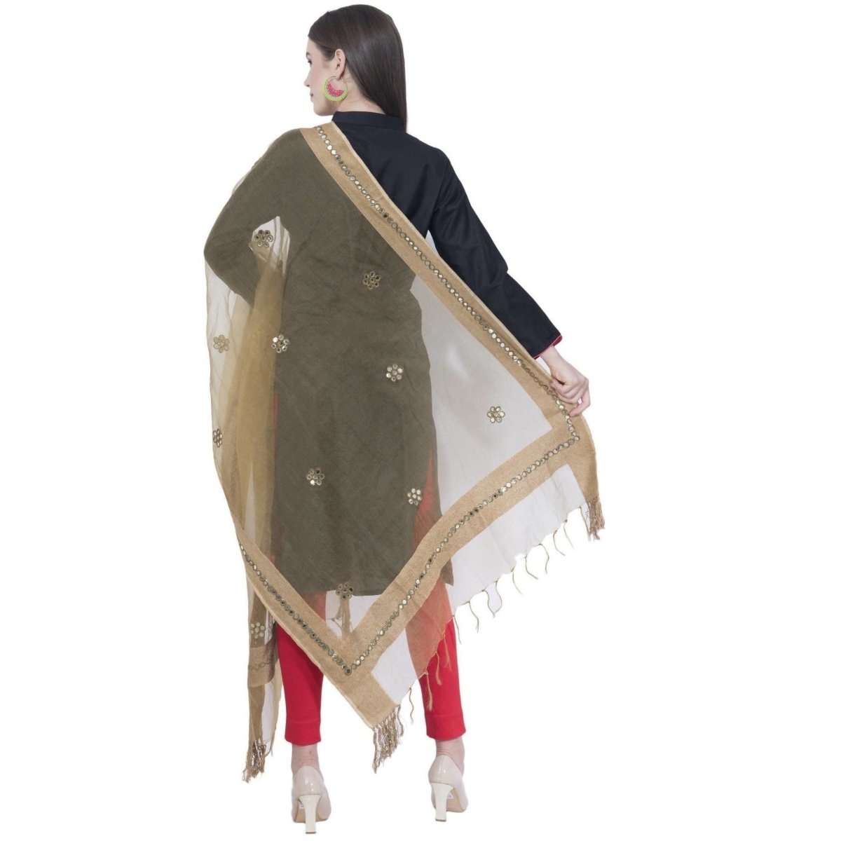 A R Silk Dark Golden Color Orgenza Flower Mirror Dupattas and Chunnis 