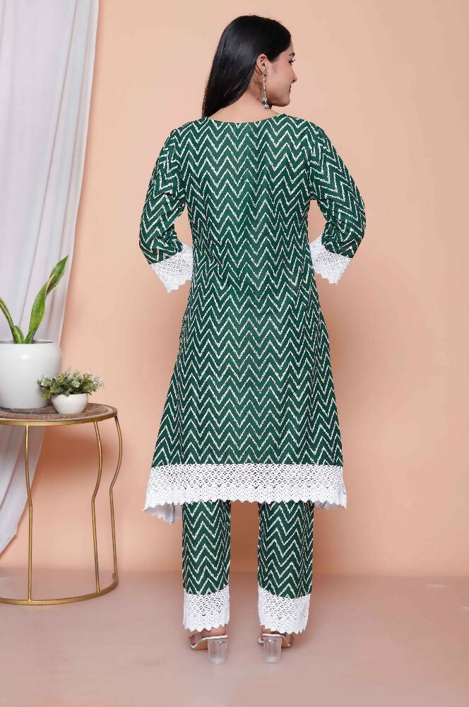 Miravan Womens Green Rayon Zigzag Print Kurta With Palazzo Set