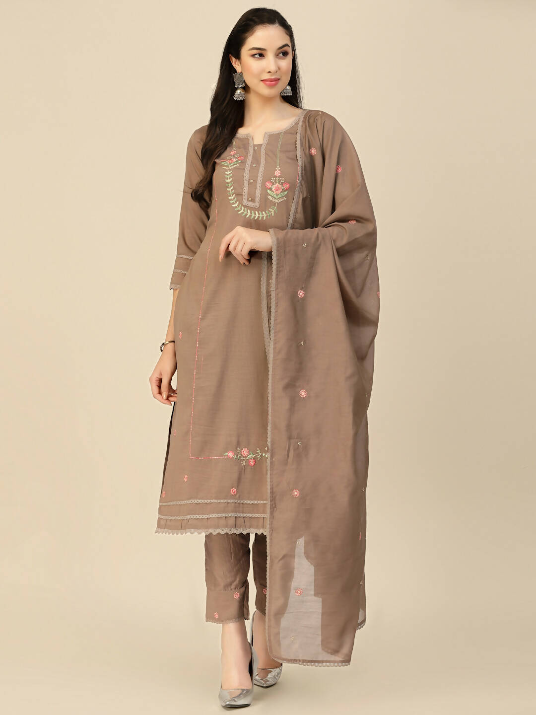 Brown Embroidered Chinon Straight Kurta With Trouser & Dupatta - Salimar